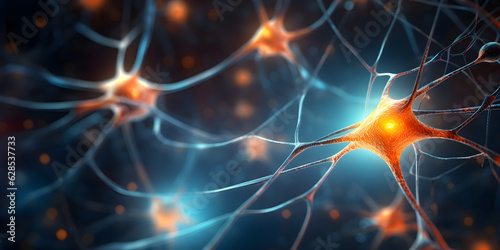 Neuron cells in a dark, in the style of dark orange and light gold, photorealistic fantasies created with Generative AI technology