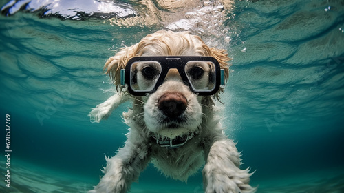 a freediver dog dives in clear water in summer.