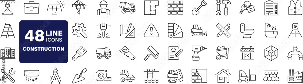 Construction set of web icons in line style. Building and construction icons for web and mobile app. Home repair, crane, building, tools, land, excavator, contractor, builders. Vector illustration