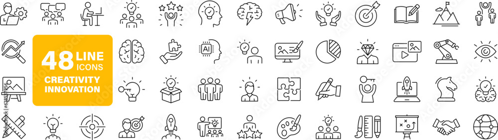 Creativity innovation set of web icons in line style. Creative business solutions icons for web and mobile app.Creative idea, team management, solution, brainstorming, invention. Vector illustration - obrazy, fototapety, plakaty 
