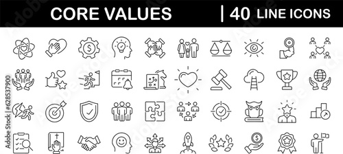 Core value set of web icons in line style. Core values icons for web and mobile app. Performance, innovation, goals, integrity, customer, commitment, quality, teamwork. Vector illustration