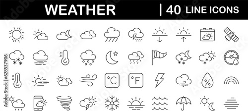 Weather set of web icons in line style. Forecast weather icons for web and mobile app. Forecast, clouds, sunny day, wind, snowflakes, sun, rain, thunder storm, dew, wind, moon. Vector illustration
