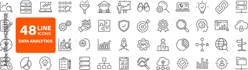 Data analytics set of web icons in line style. Data analysis icons for web and mobile app. Data processing, statistics, database, analytics, monitoring, computing, AI, hosting, monitoring, server