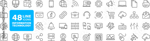 Information technology set of web icons in line style. IT icons for web and mobile app. Programming, network, website, technology progress, internet, devices, server, data. Vector illustration