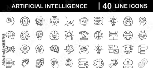 Artificial intelligence set of web icons in line style. AI technology icons for web and mobile app. Machine learning, digital AI technology, algorithm, smart robotic, cloud computing network