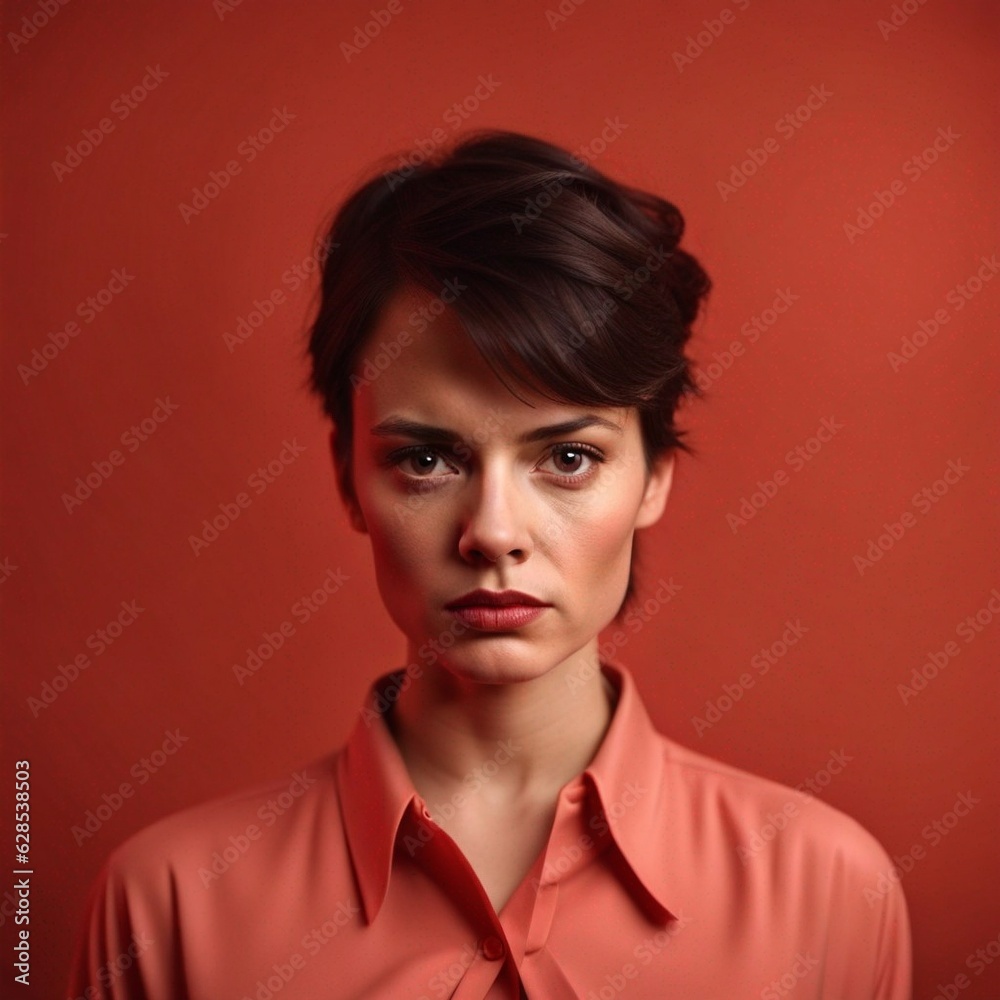 portrait of a serious women in front of red isolated background portrait of a serious women in front of red isolated background