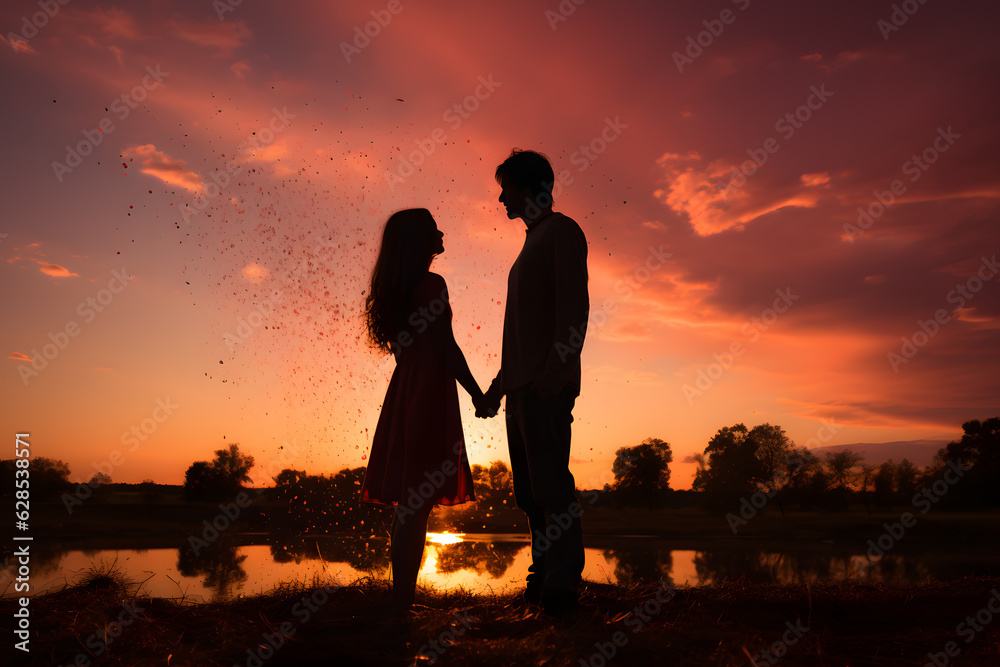 silhouette of a couple on the beach at sunset ai generated art  - obrazy, fototapety, plakaty 