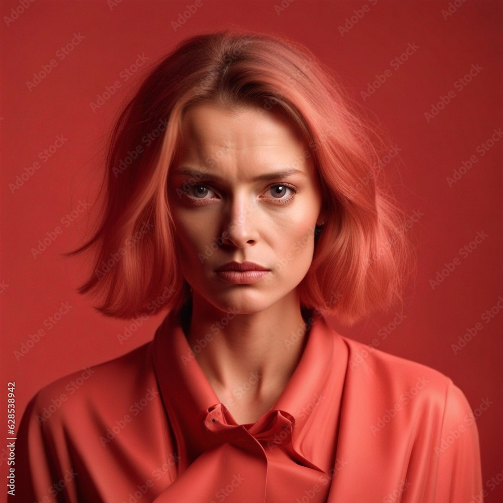 portrait of a women , business women wearing red shirt in front of red background