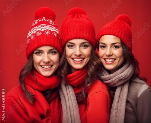 photo of 3 smiling women wearing winter caps and scarf on red isolated background