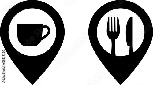 地図のポインターとカフェや飲食店のアイコン