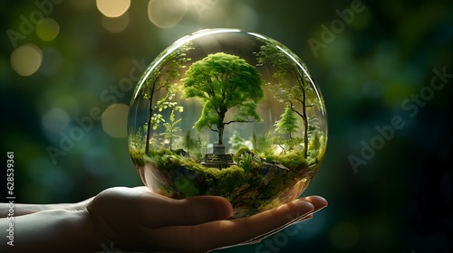 Climate protection Illustration with a glass globe carried by hands, green trees, sustainable environment concept