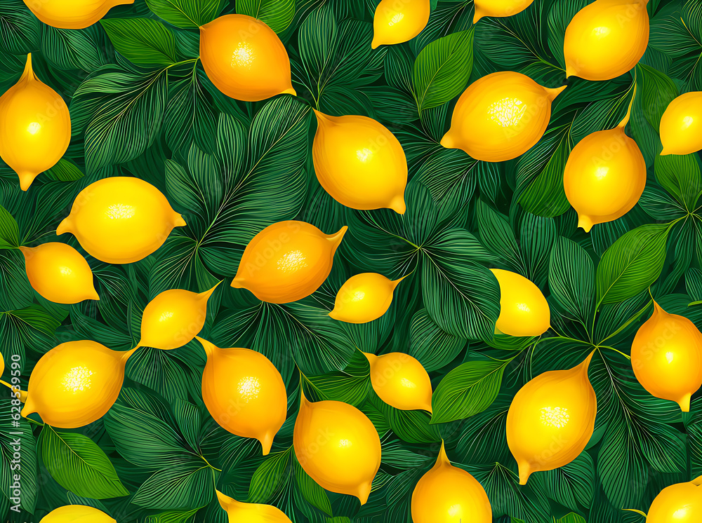 Lively floral backdrop with lemons leaves realism.