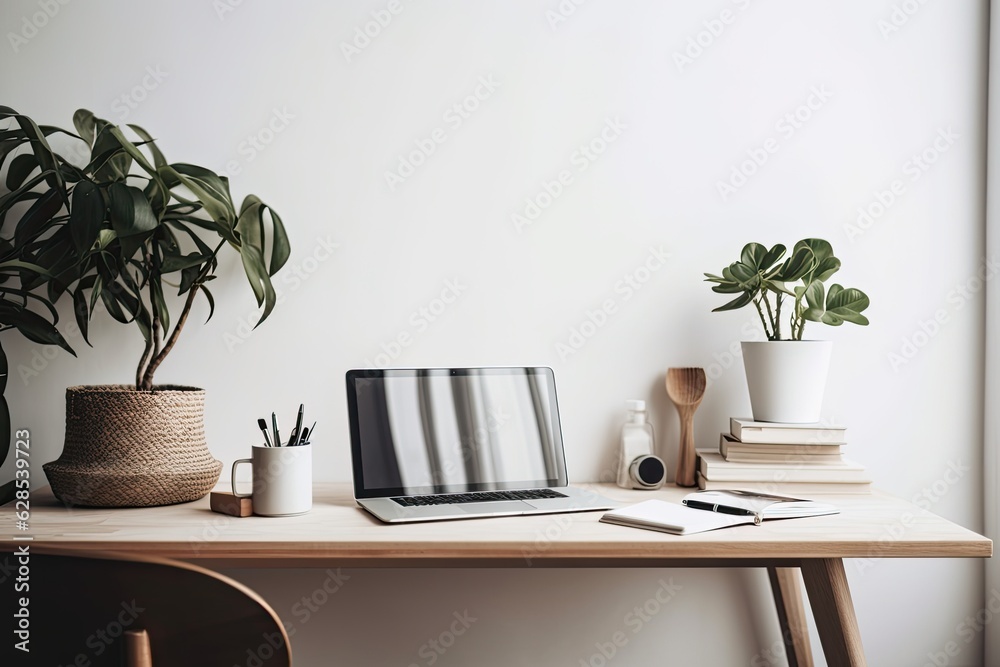 cropped image of a simple workspace with a laptop, a planter, and a coffee cup on a white table. Generative AI cropped image of a simple workspace with a laptop, a planter, and a coffee cup on a white table. Generative AI