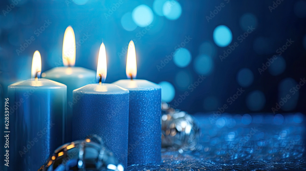 Four blue Advent candles. Christmas time, Advent season. Flickering