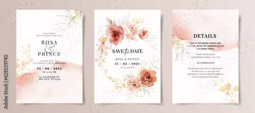 Set of watercolor wedding invitation card template with red and peach floral and leaves decoration	