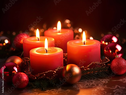 Four red Advent candles within lush evergreen branches. Christmas time  Advent season. Flickering flames cast soft  inviting glow  illuminating scene with sense of hope and joy. AI generated