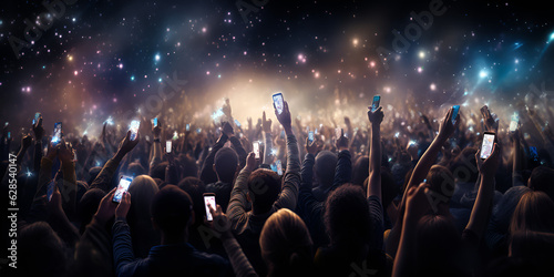 A crowd of people at a live event, concert or party holding hands and smartphones up . Large audience, crowd, or participants of a live event venue with bright lights above