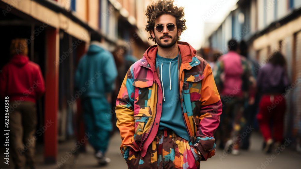 fashion woman colorful, the bold eclectic fashion styles of the Y2K era. dressed in the latest fashion trends of the time, including chunky shoes, low-rise pants, crop tops, and oversized sunglasses