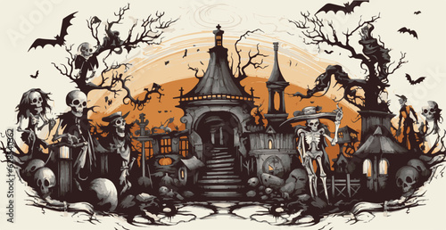 Happy Halloween. Vector cute illustrations of objects: pumpkin head, black cat, funny skeleton, ghosts, eyes for postcard creation, haunted house, cemetery.