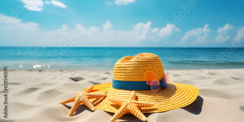 Tropical beach with sunbathing accessories summer holiday background    Tropical Getaway  Sun  Sand  and Summer Fun 