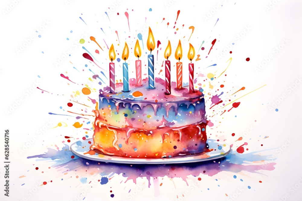 Birthday cake with candles watercolor illustration isolated on white ...