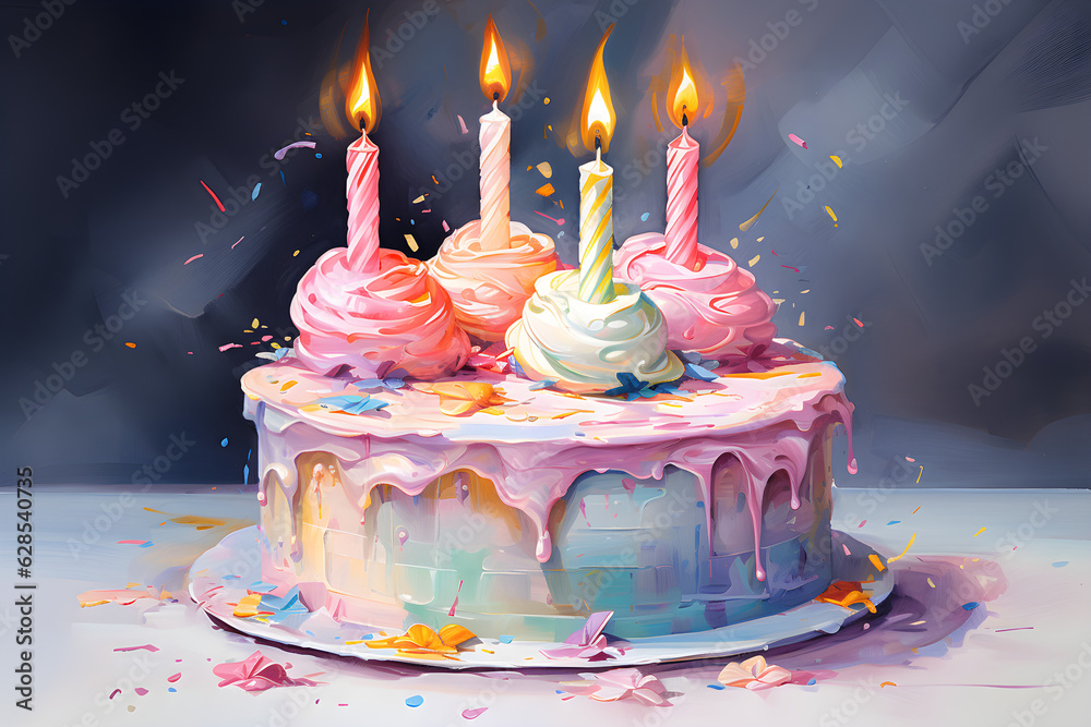 Birthday cake with candles watercolor illustration isolated on white ...