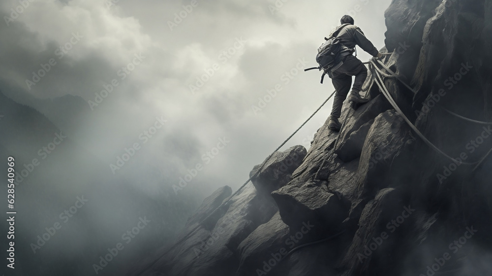 Disciplined and motivated man climbing the mountain with hands and rope gray sky with white ligtenings and a storm Disciplined and motivated man climbing the mountain with hands and rope gray sky with white ligtenings and a storm