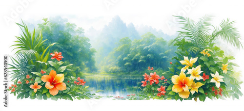 Horizontal summer background with tropical flowers with a lake and a forest on the background. For banners  flyers  covers and other summer projects. 