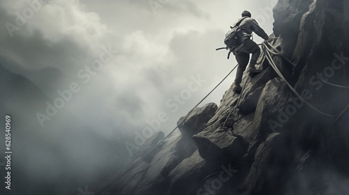 Disciplined and motivated man climbing the mountain with hands and rope gray sky with white ligtenings and a storm