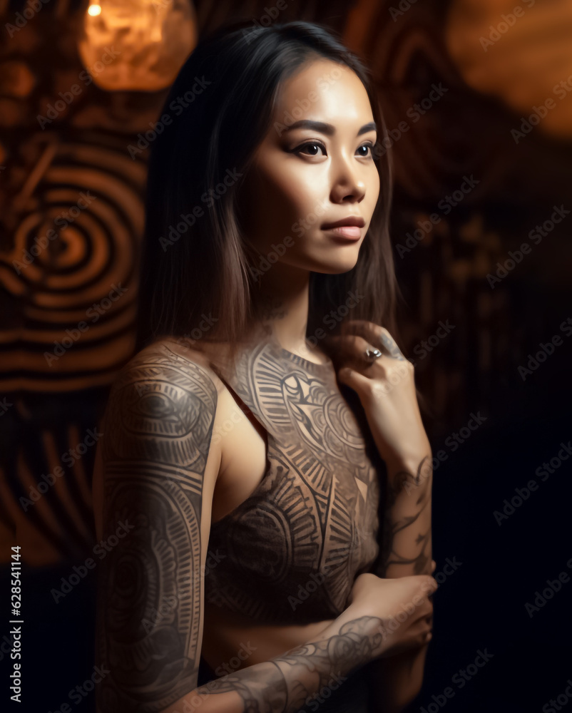 A tattoo Asian model with intricate Dayak inspired body art poses in front of a dark background, evoking a sense of tribal mystery and allure. generative AI A tattoo Asian model with intricate Dayak inspired body art poses in front of a dark background, evoking a sense of tribal mystery and allure. generative AI