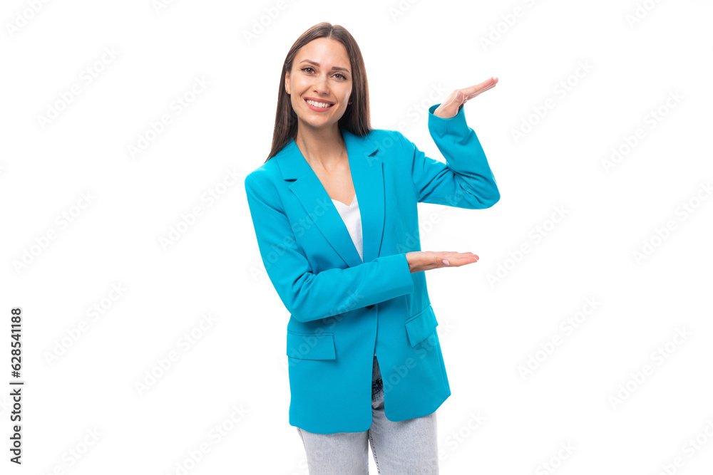 young confident pretty brunette leader woman with long hair in a blue jacket young confident pretty brunette leader woman with long hair in a blue jacket