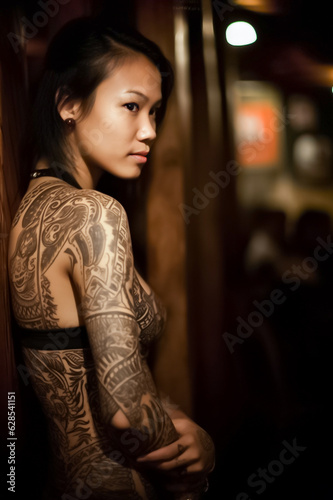 A tattoo Asian model with intricate Dayak inspired body art poses in front of a dark background, evoking a sense of tribal mystery and allure. generative AI © Surachetsh