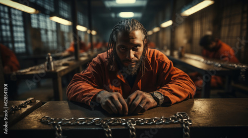 Prisoner with chains in his hands sitting in cell.