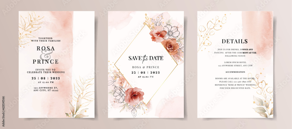 Set of watercolor wedding invitation card template with red and peach floral and leaves decoration	