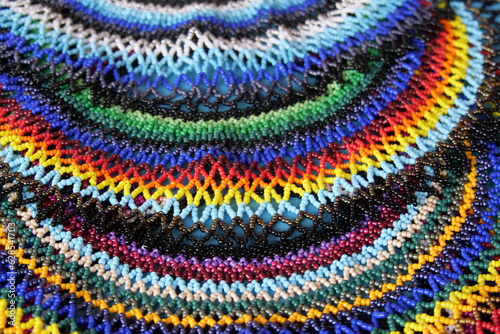 Colorful traditional beaded necklaces for sale at the Otavalo Market, Ecuador