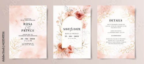 Set of watercolor wedding invitation card template with red and peach floral and leaves decoration	