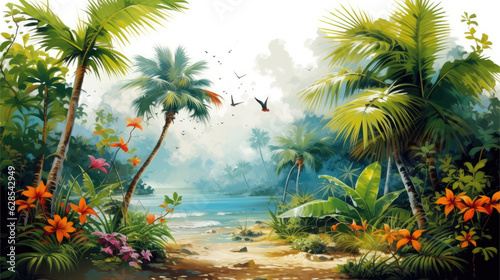 Horizontal background with awesome tropical forest and the sea in digital paiting style. For banners  flyers  covers and other summer projects.