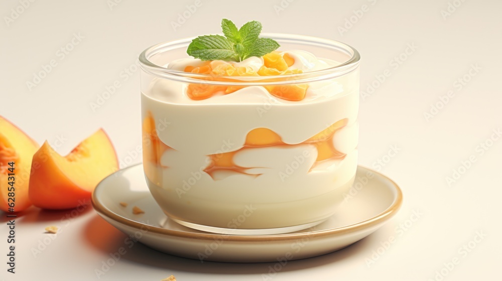 Panna cotta with peach and mint on a white background. Panna cotta with peach and mint on a white background.