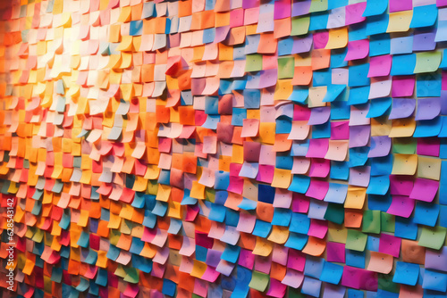 Wall full of pasted colored post-it paper for routine and work reminders.
