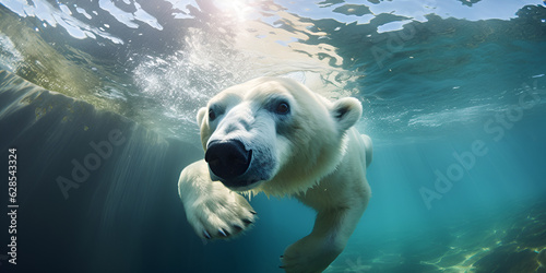 White Bear Swimming in the Sea: Captivating Underwater Shot Closeup wide angle underwater shot of a polar bear underwater Photo of a white bear swimming in the sea © Faiza