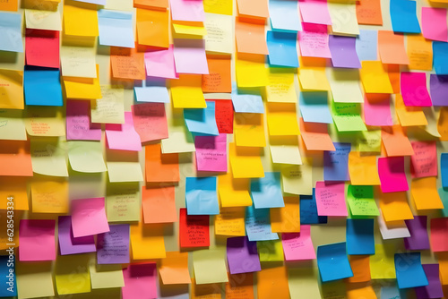 Wall full of pasted colored post-it paper for routine and work reminders.