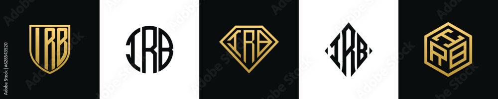 Initial letters IRB logo designs Bundle. This collection incorporated with shield, round, diamond, rectangle and hexagon style logo. Vector template - obrazy, fototapety, plakaty 