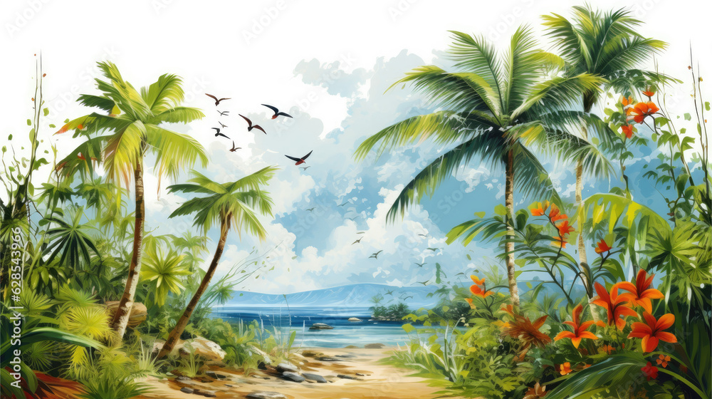 Bright landscape with awesome tropical forest, the sea and mountains in digital paiting style. For banners, flyers, covers, wallpapers and other summer projects.
