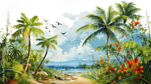 Bright landscape with awesome tropical forest  the sea and mountains in digital paiting style. For banners  flyers  covers  wallpapers and other summer projects. 