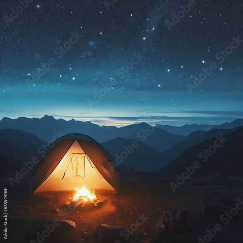 a tent with a campfire outside in the mountains on a beautiful night with constellations in the sky