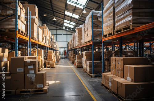 Industrial storage warehouse with shelves stacked with boxes. Generative ai