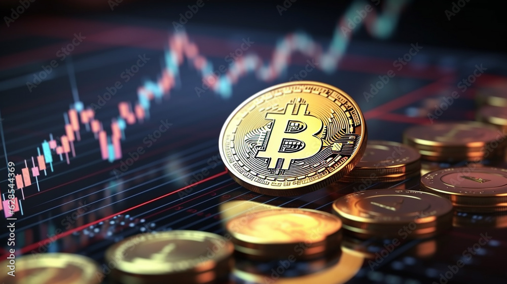 Bitcoin and cryptocurrency concept on digital graphic background. Generative Ai Bitcoin and cryptocurrency concept on digital graphic background. Generative Ai