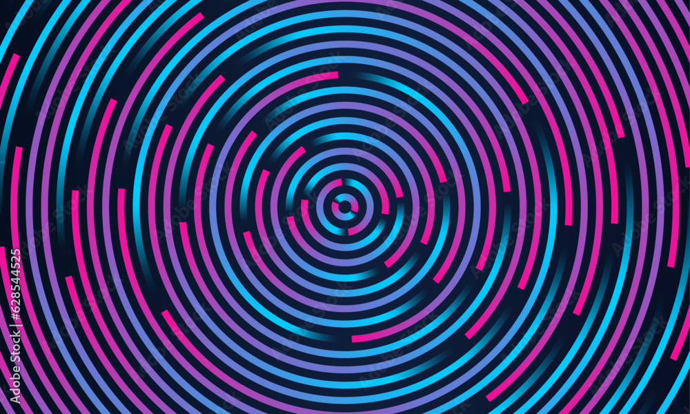 Abstract background with circle line pattern spin blue pink glitch light isolated on black background in the concept of music, technology, digital - obrazy, fototapety, plakaty 