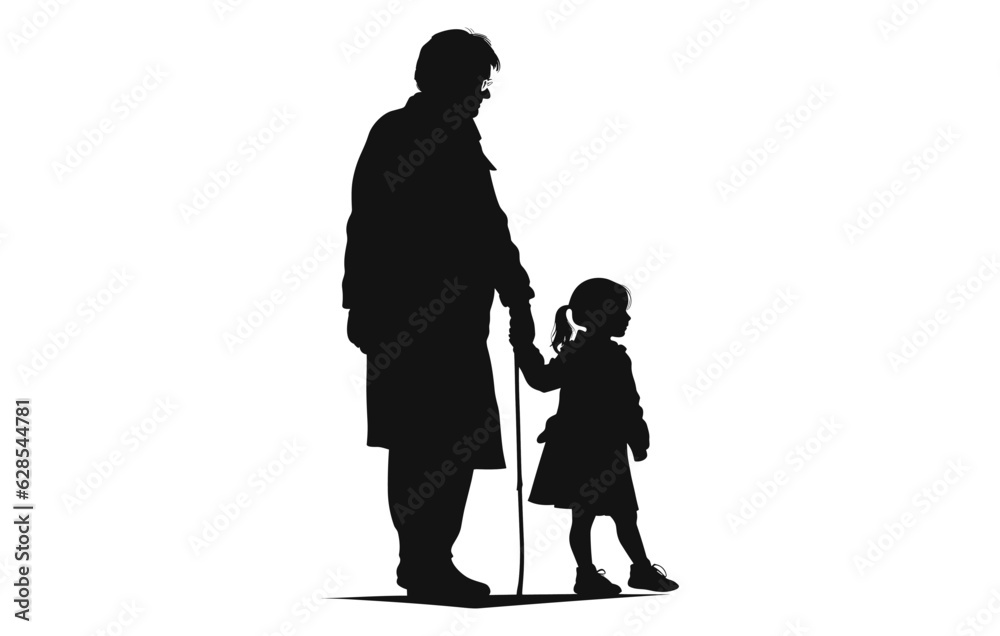 Grand mother with child silhouette, Vector illustration of silhouettes of elderly people with grandchildren