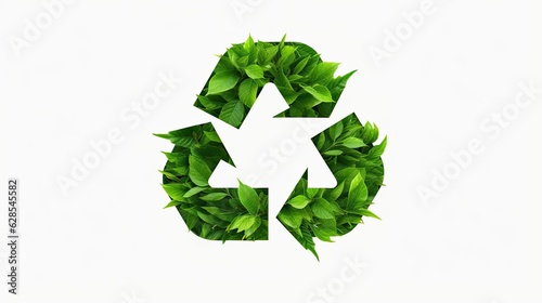 Green recycling symbol made out of leaves and elements of nature on white background. Banner with copy space. Concept of ecological waste management and recycling. photo